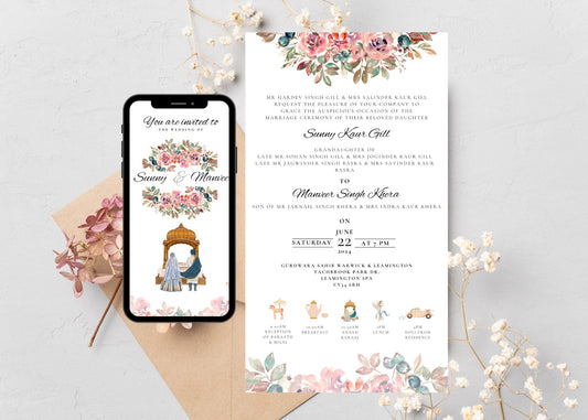 Elegant pink and green floral sikh wedding invitation. Features 4 pages including wedding programme, mendhi, sangeet,jago. Exclusive design,done for you service, digital invitation.