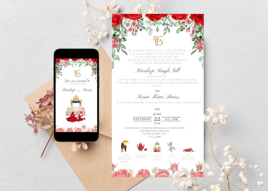 Elegant red and green floral sikh wedding invitation. Features 4 pages including wedding programme, mendhi, sangeet,jago. Exclusive design,done for you service, digital invitation.