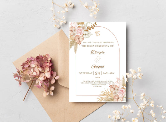 Elegant pink and beige floral themed Roka invitation for couple. Pink & beige flowers in top left corner and bottom right with a gold arch which contains all the text for the date time and location of event. Can edit all details on Canva.