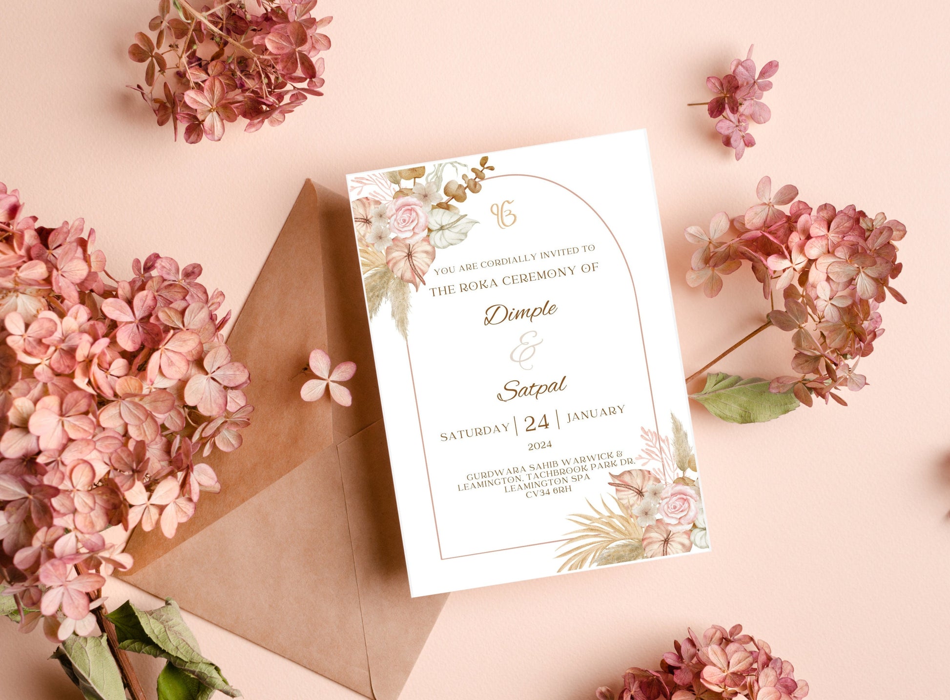 Editable Roka Chunni Takhar Ceremony Invite, Birthday, Modern Neutral Floral, Canva Editable, Sikh Occasion, Engagement DIY Invitation