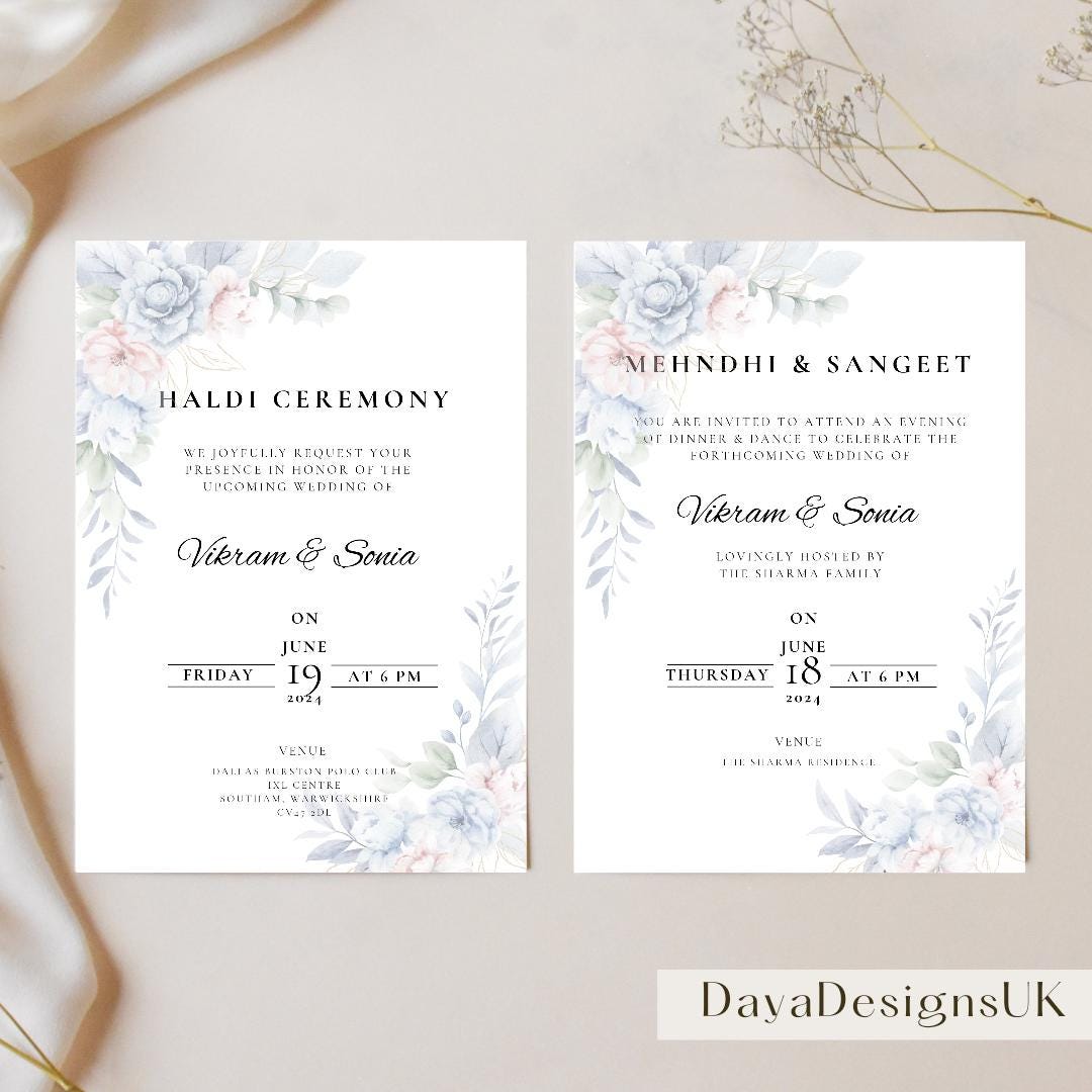 Elegant blue and pink watercolour floral hindu wedding invitation DIY template. Fully editable in Canva. 5 page bundle, includes haldi, choorah, mendhi, ceremony, jago and sangeet details. Eloquantly presented to impress friends and family.