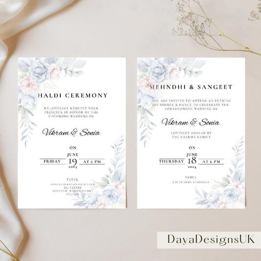Elegant blue and pink watercolour floral hindu wedding invitation DIY template. Fully editable in Canva. 5 page bundle, includes haldi, choorah, mendhi, ceremony, jago and sangeet details. Eloquantly presented to impress friends and family.