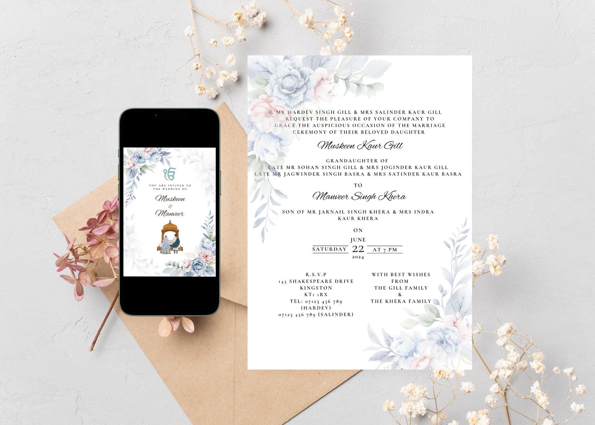 Elegant blue and pink watercolour floral hindu wedding invitation DIY template. Fully editable in Canva. 5 page bundle, includes choorah, mendhi, ceremony, jago and sangeet details. Eloquantly presented to impress friends and family.