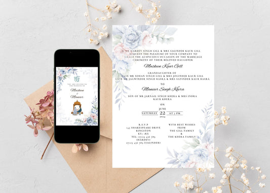 Elegant blue and pink watercolour floral hindu wedding invitation DIY template. Fully editable in Canva. 5 page bundle, includes choorah, mendhi, ceremony, jago and sangeet details. Eloquantly presented to impress friends and family.