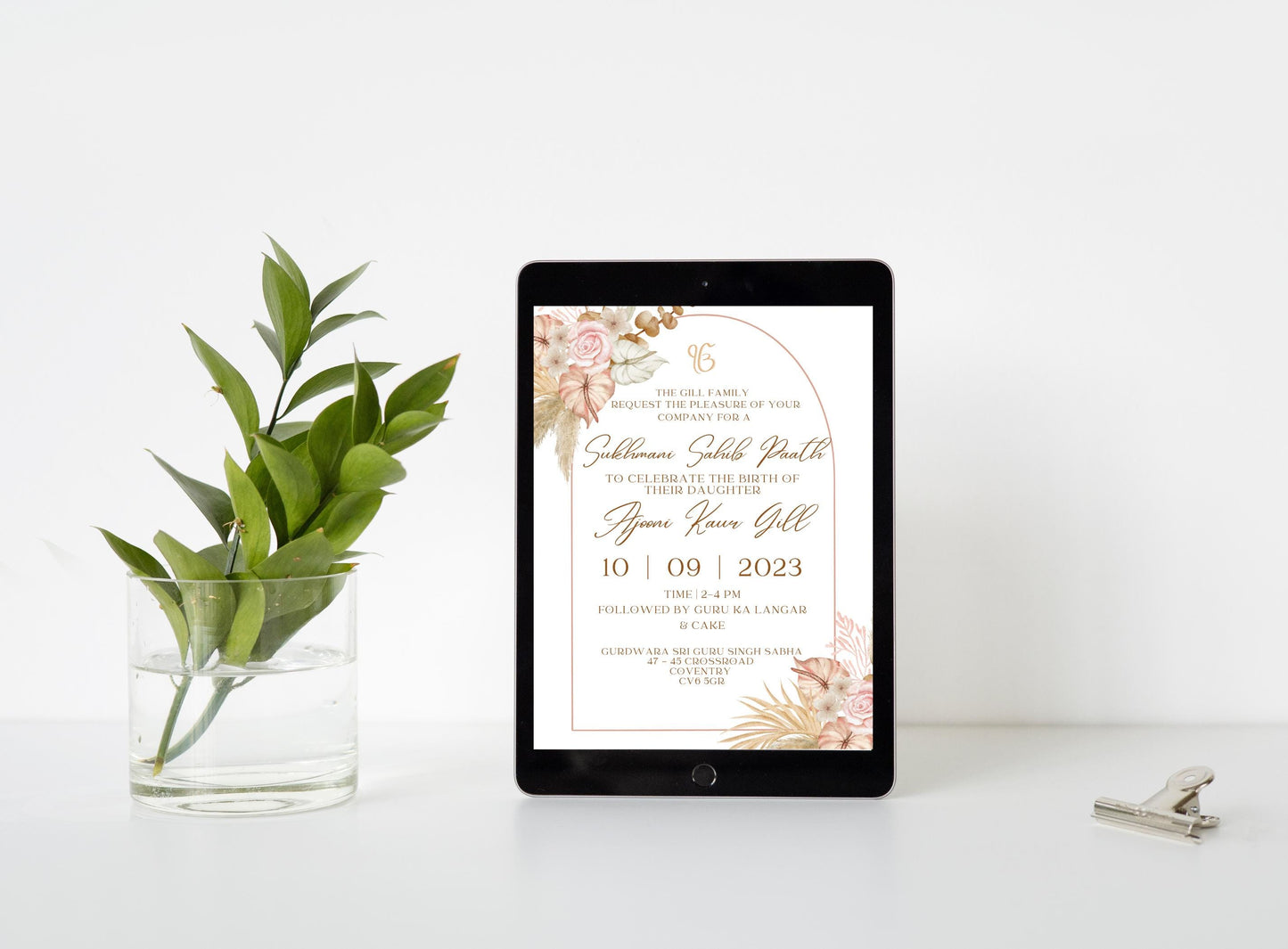 Editable Digital Sukhmani Sahib Paath Invitation, Birth of Daughter, 1st Birthday, Modern Floral Decor, Canva Editable, Sikh Programme