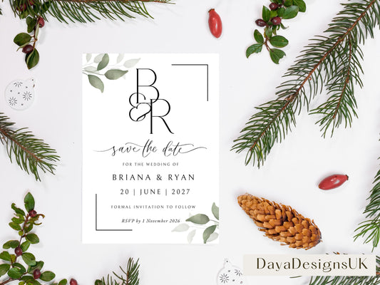 save the date wedding invitation template with green leaf and minimalist design. invitation shows flowy elegant text on a festive background of acorns and berries. digital invitation template available to edit on Canva.