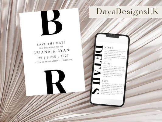 Minimalist Save The Date + Wedding Template Bundle, Black and White Digital Download, Smartphone, Aesthetic Template, Editable