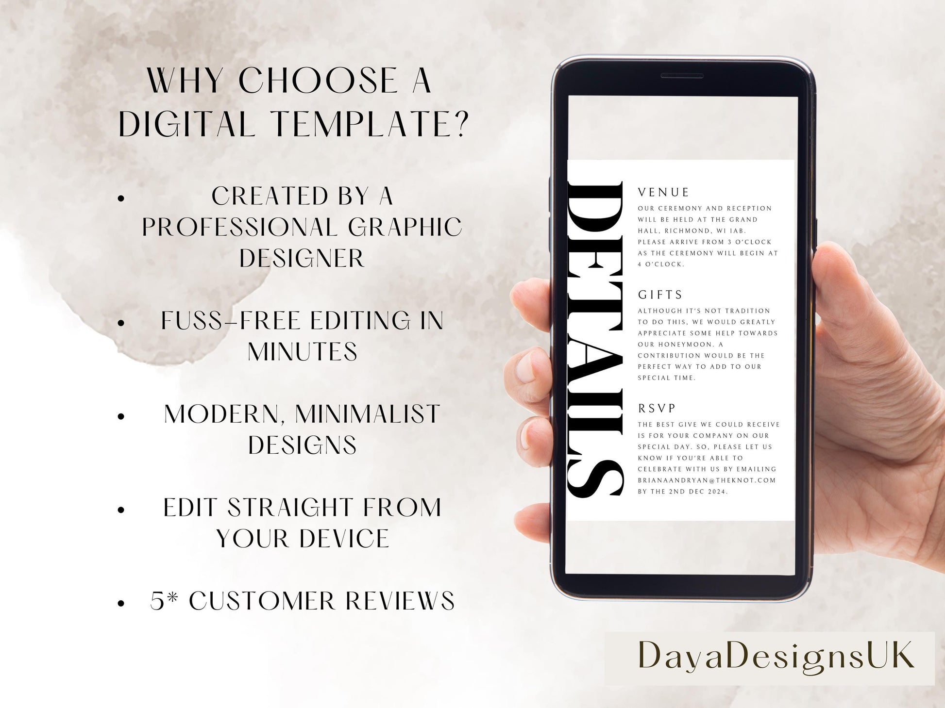 Minimalist Save The Date + Wedding Template Bundle, Black and White Digital Download, Smartphone, Aesthetic Template, Editable