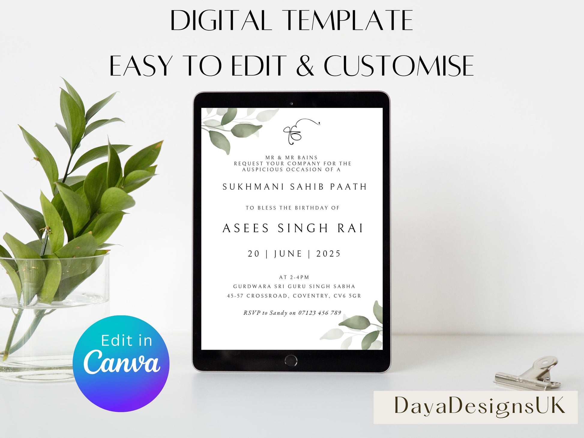 Digital Sukhmani Sahib Paath Invitation, Birthday, Modern, Minimalist Eucalyptus Theme, Canva Editable, Sikh Blessing, 30th Birthday Invite