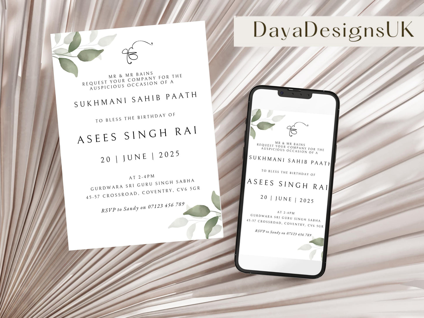 Digital Sukhmani Sahib Paath Invitation, Birthday, Modern, Minimalist Eucalyptus Theme, Canva Editable, Sikh Blessing, 30th Birthday Invite