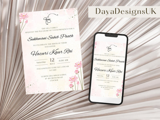 Sukhmani Sahib Path Digital Invitation, Birth of Daughter, 1st Birthday, Modern Floral Decor, Canva Editable, Sikh Programme