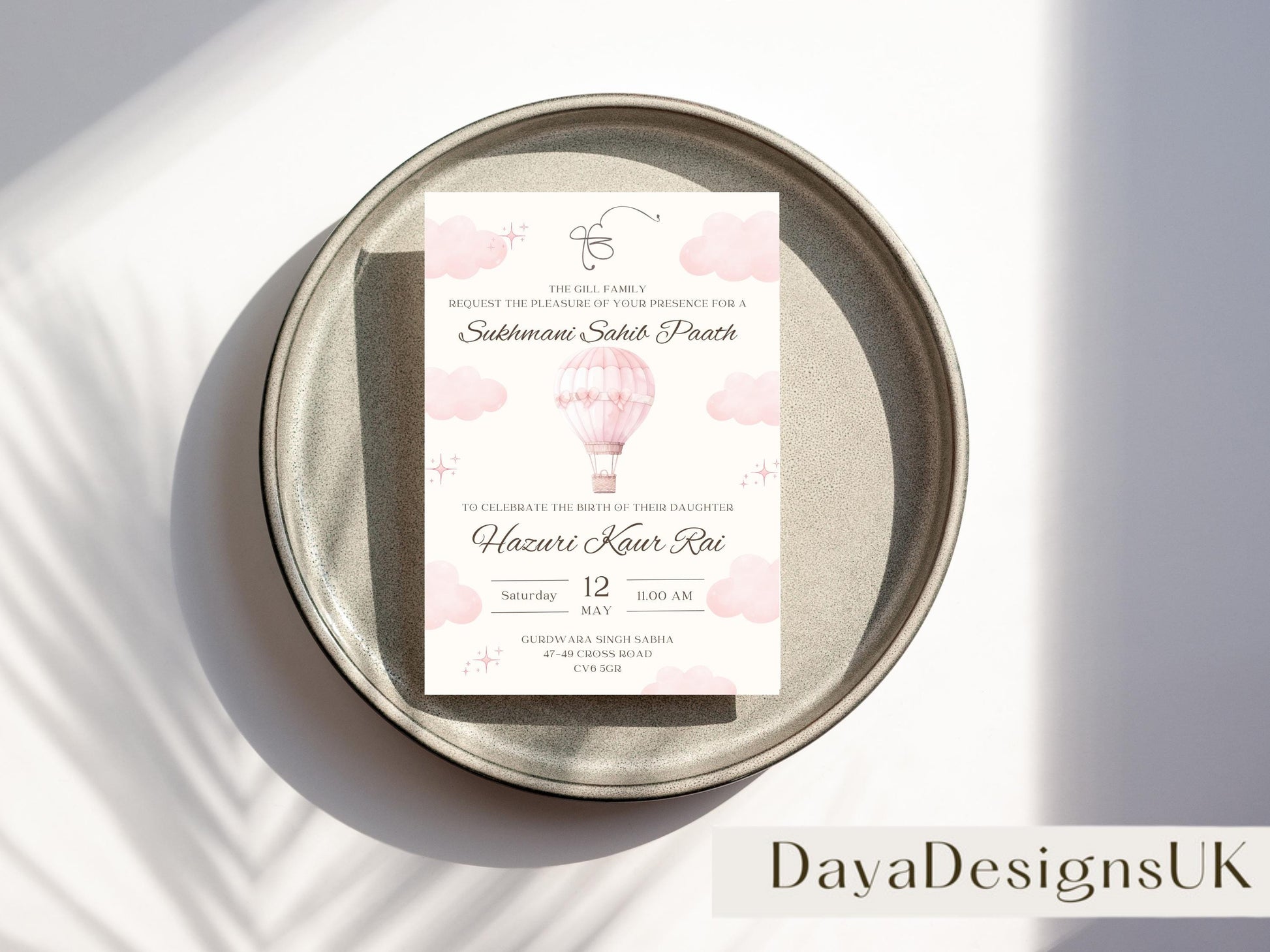 Sukhmani Sahib Path Digital Invitation, Daughter's 1st Birthday, Modern Minimalist Pink Hot Air Balloon, Editable Template, Sikh Programme