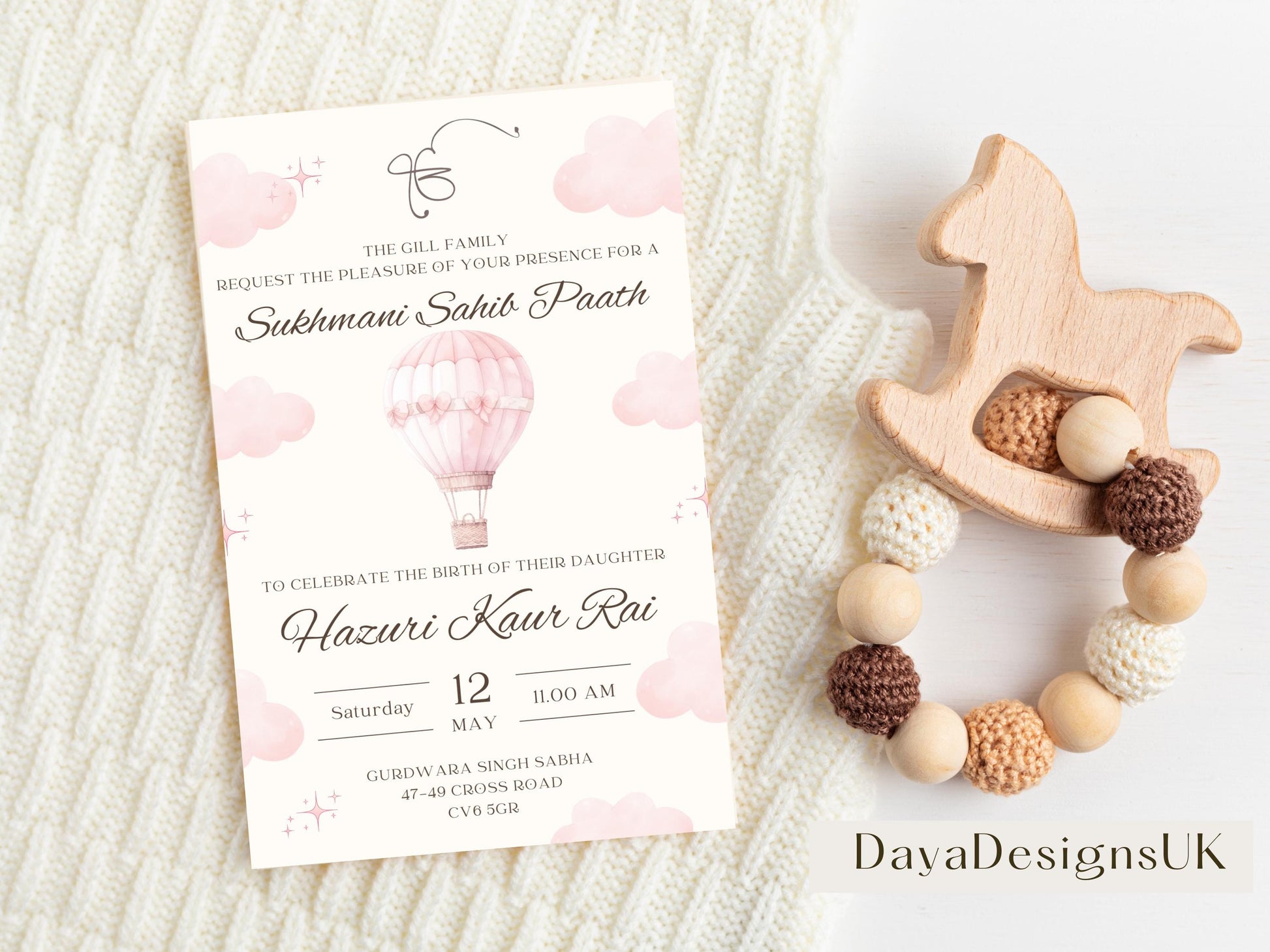 Sukhmani Sahib Path Digital Invitation, Daughter's 1st Birthday, Modern Minimalist Pink Hot Air Balloon, Editable Template, Sikh Programme