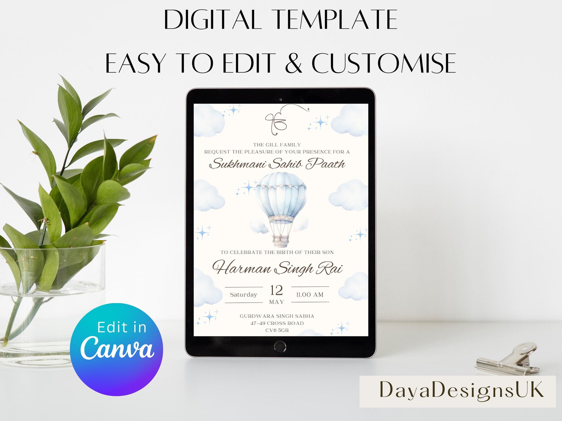 Sukhmani Sahib Path Invitation, Birth of Son, Modern Blue Cloud Balloon Teddy Theme, Canva Editable, Sikh, Boy's 1st Birthday