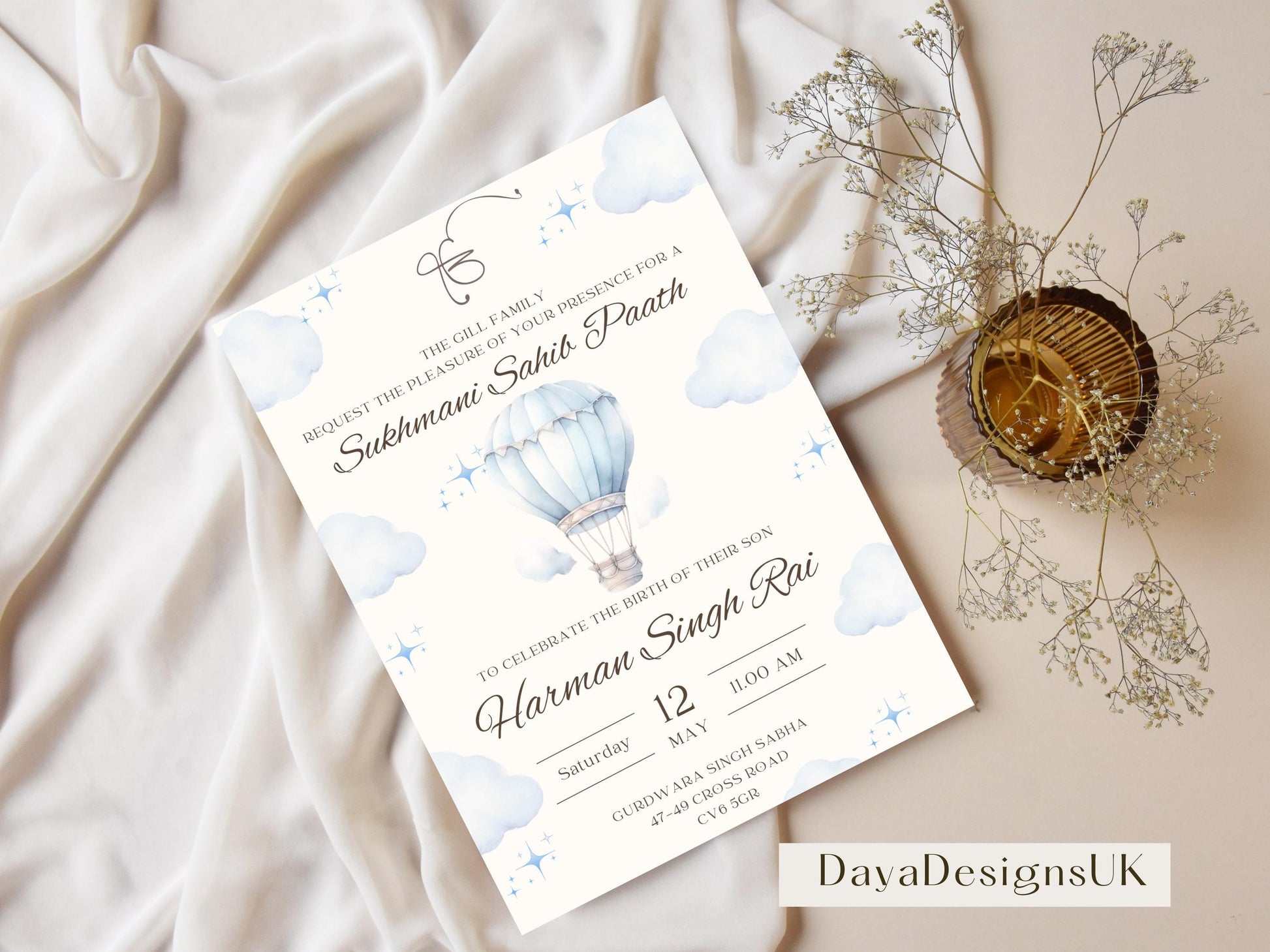 Sukhmani Sahib Path Invitation, Birth of Son, Modern Blue Cloud Balloon Teddy Theme, Canva Editable, Sikh, Boy's 1st Birthday