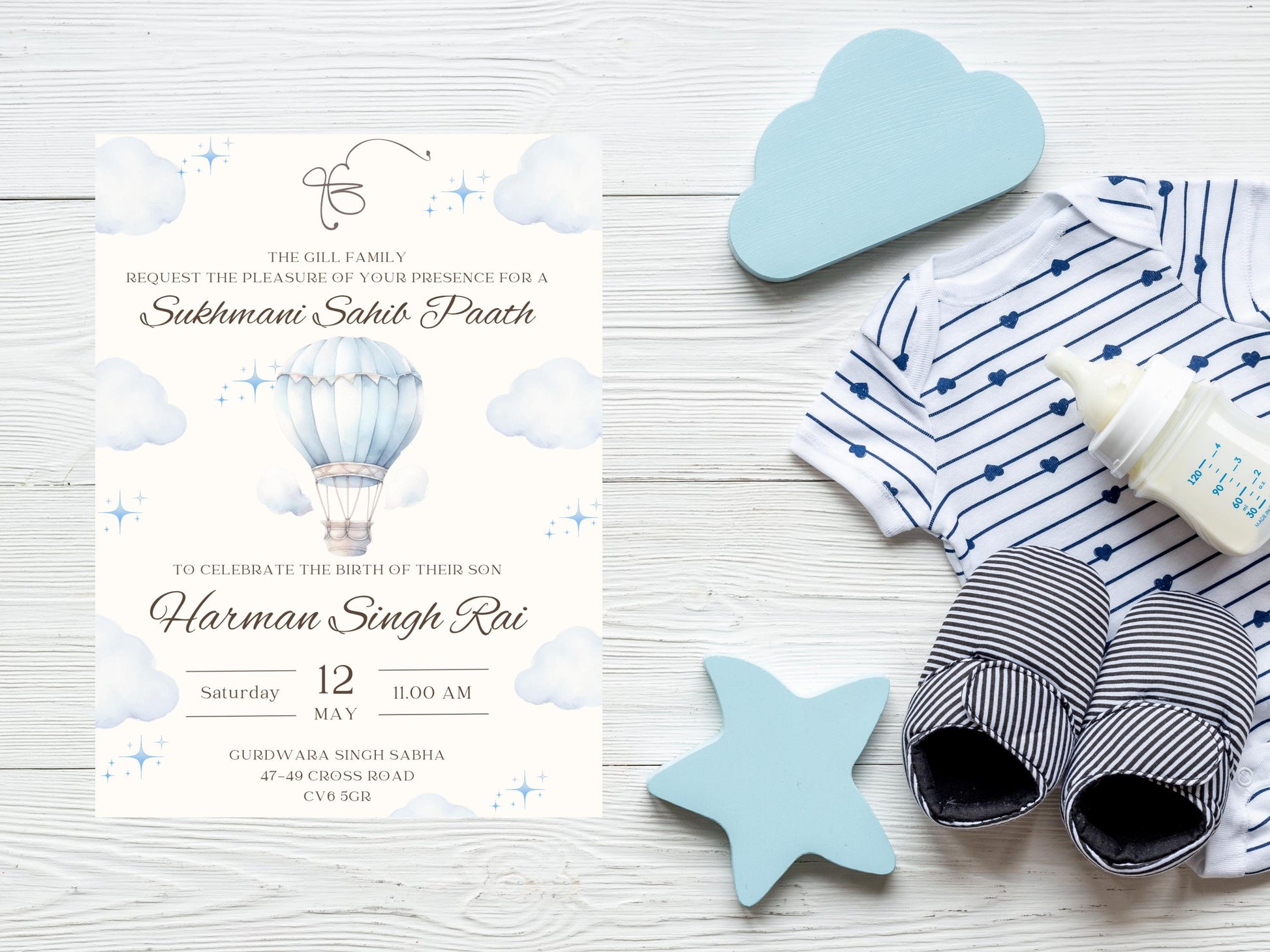 Blue cloud themed birth of son invitation that includes cute hot air balloon. Editable Canva template for sukhmani sahib paath. Colours are blue watercolours. Perfect elegant design to bless your little one.