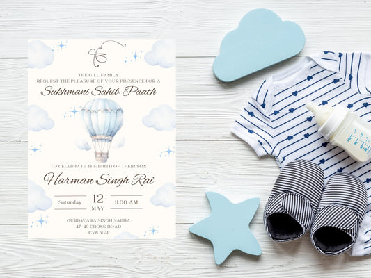 Blue cloud themed birth of son invitation that includes cute hot air balloon. Editable Canva template for sukhmani sahib paath. Colours are blue watercolours. Perfect elegant design to bless your little one.