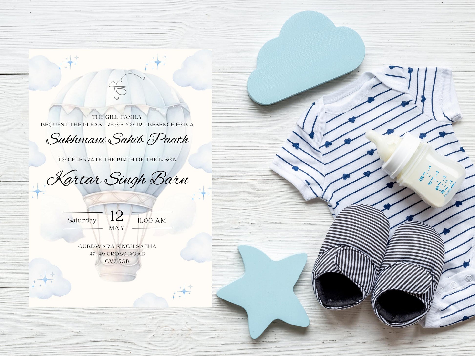 Digital Sukhmani Sahib Path Invitation, Birth of Son, Modern Blue Cloud Balloon Teddy Theme, Canva Editable, Sikh, Boy's 1st Birthday