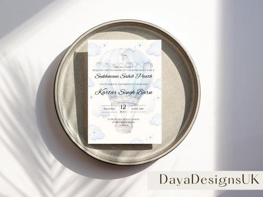 Blue cloud themed birth of son invitation that includes cute hot air balloon. Editable Canva template for sukhmani sahib paath. Colours are blue watercolours. Perfect elegant design to bless your little one.