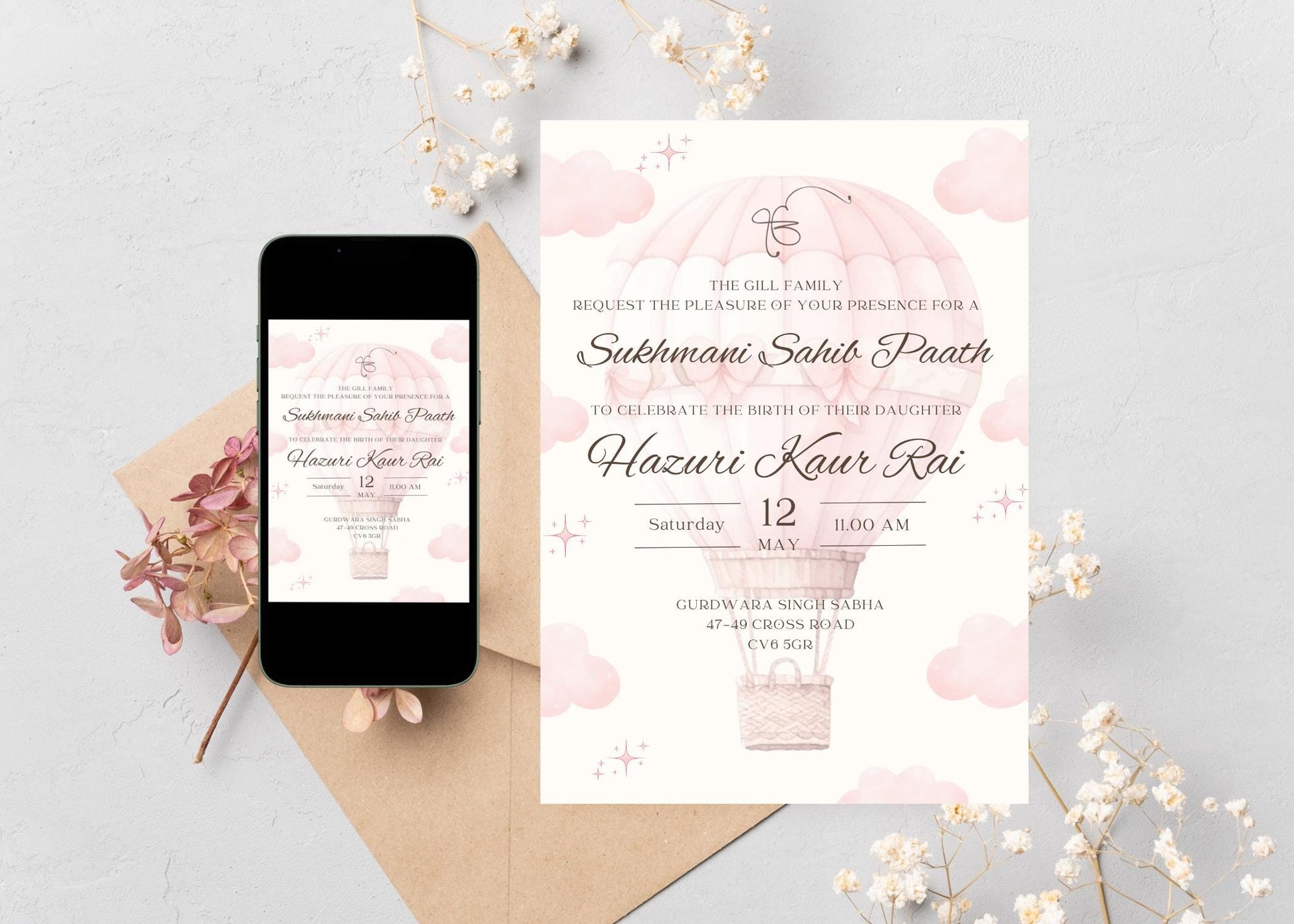 Elegant pink and white air balloon themed  invitation to Sukhmani Sahib Paath for the birth/day of a daughter. Pink clouds and stars . Centre contains all the text for the date time and location of event