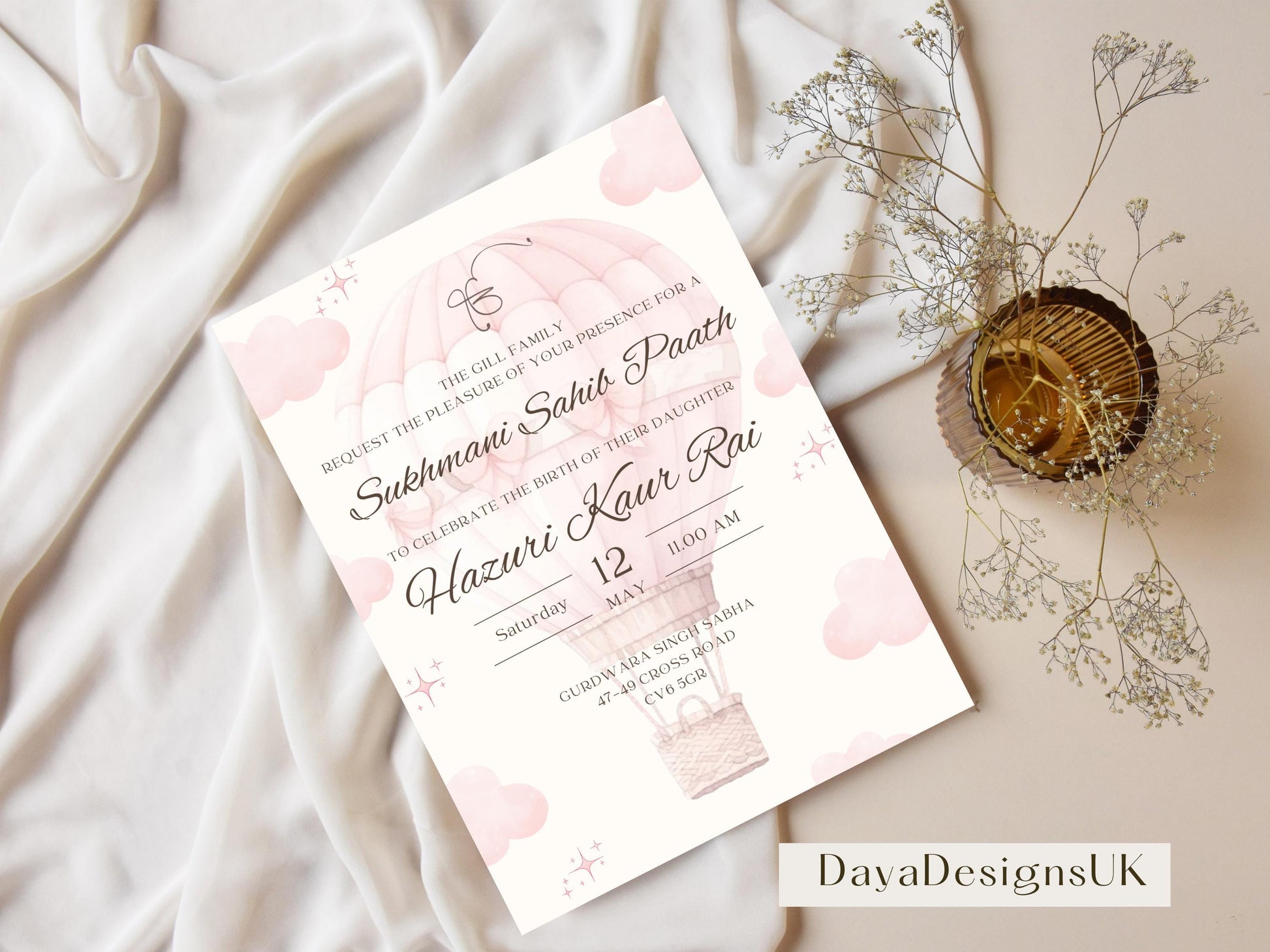 Digital Sukhmani Sahib Paath Invitation, Daughter's 1st Birthday, Modern Minimalist Pink Hot Air Balloon, Editable Template, Sikh Programme