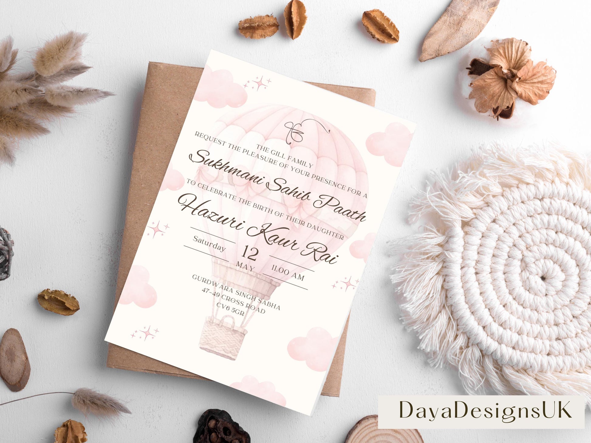 Digital Sukhmani Sahib Paath Invitation, Daughter's 1st Birthday, Modern Minimalist Pink Hot Air Balloon, Editable Template, Sikh Programme