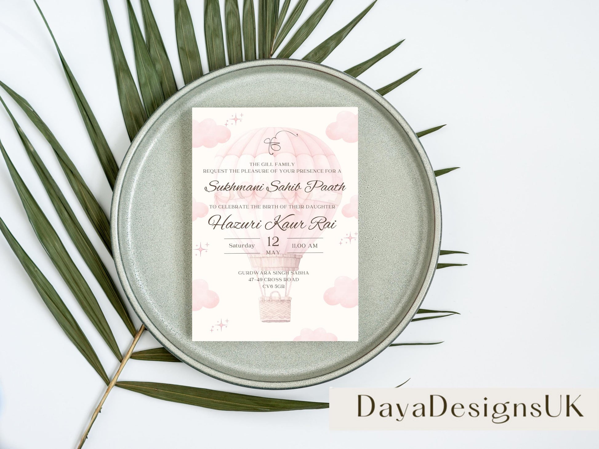 Digital Sukhmani Sahib Paath Invitation, Daughter's 1st Birthday, Modern Minimalist Pink Hot Air Balloon, Editable Template, Sikh Programme