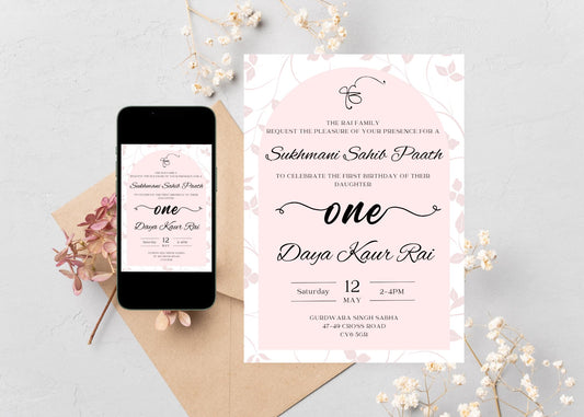 Sukhmani Sahib Path Digital Invitation, Daughter's 1st Birthday, Modern Minimalist Pink Floral Theme, Editable Template, Sikh Programme
