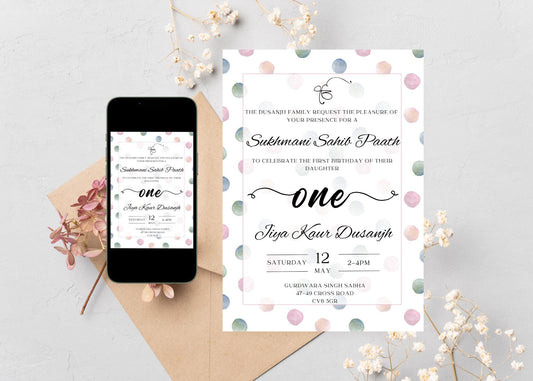 Sukhmani Sahib Path Digital Invitation, Daughter's 1st Birthday, Modern Neutral Dotty Theme, Editable Template, Sikh Programme
