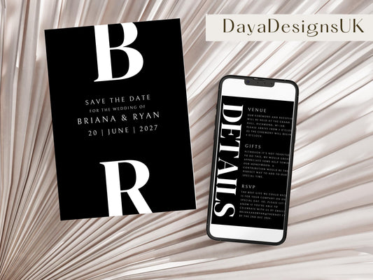 Minimalist Save The Date + Wedding Template Bundle, Black and White Digital Download, Smartphone, Aesthetic Template, Editable