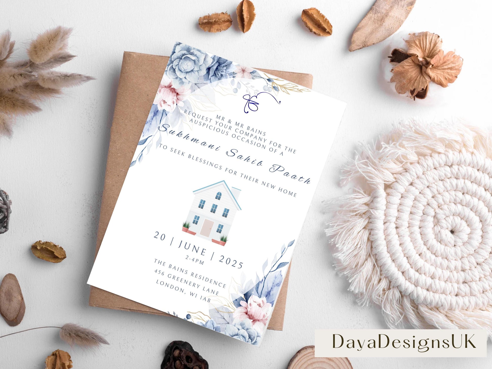 Digital Sukhmani Sahib Path Invitation, Housewarming, Modern, Minimalist Eucalyptus Theme, Canva Editable, New House Sikh Blessing