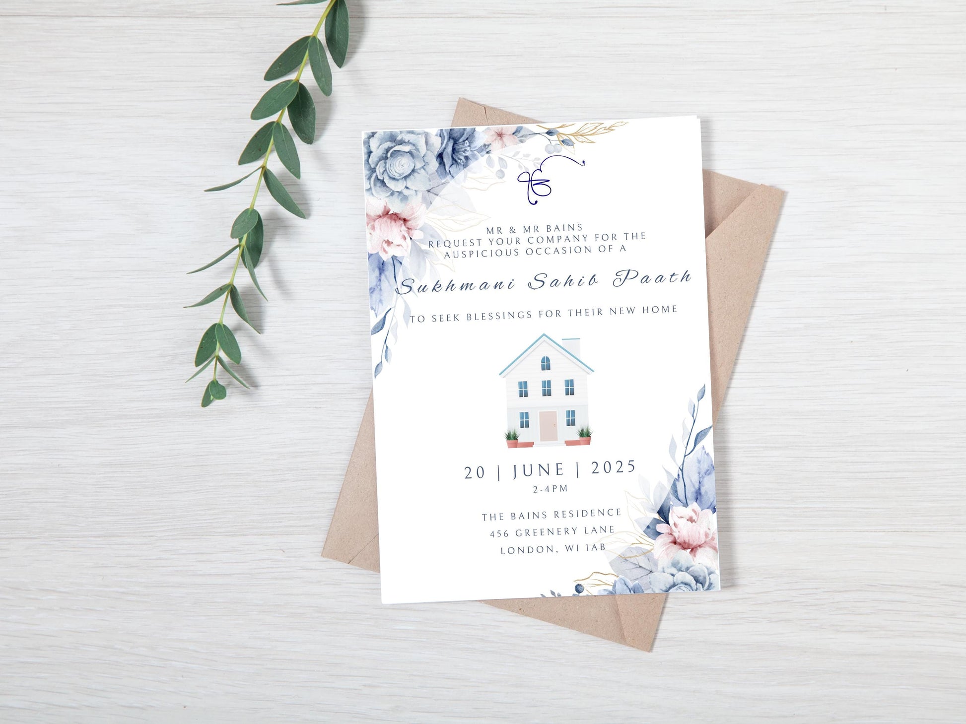 Digital Sukhmani Sahib Path Invitation, Housewarming, Modern, Minimalist Eucalyptus Theme, Canva Editable, New House Sikh Blessing