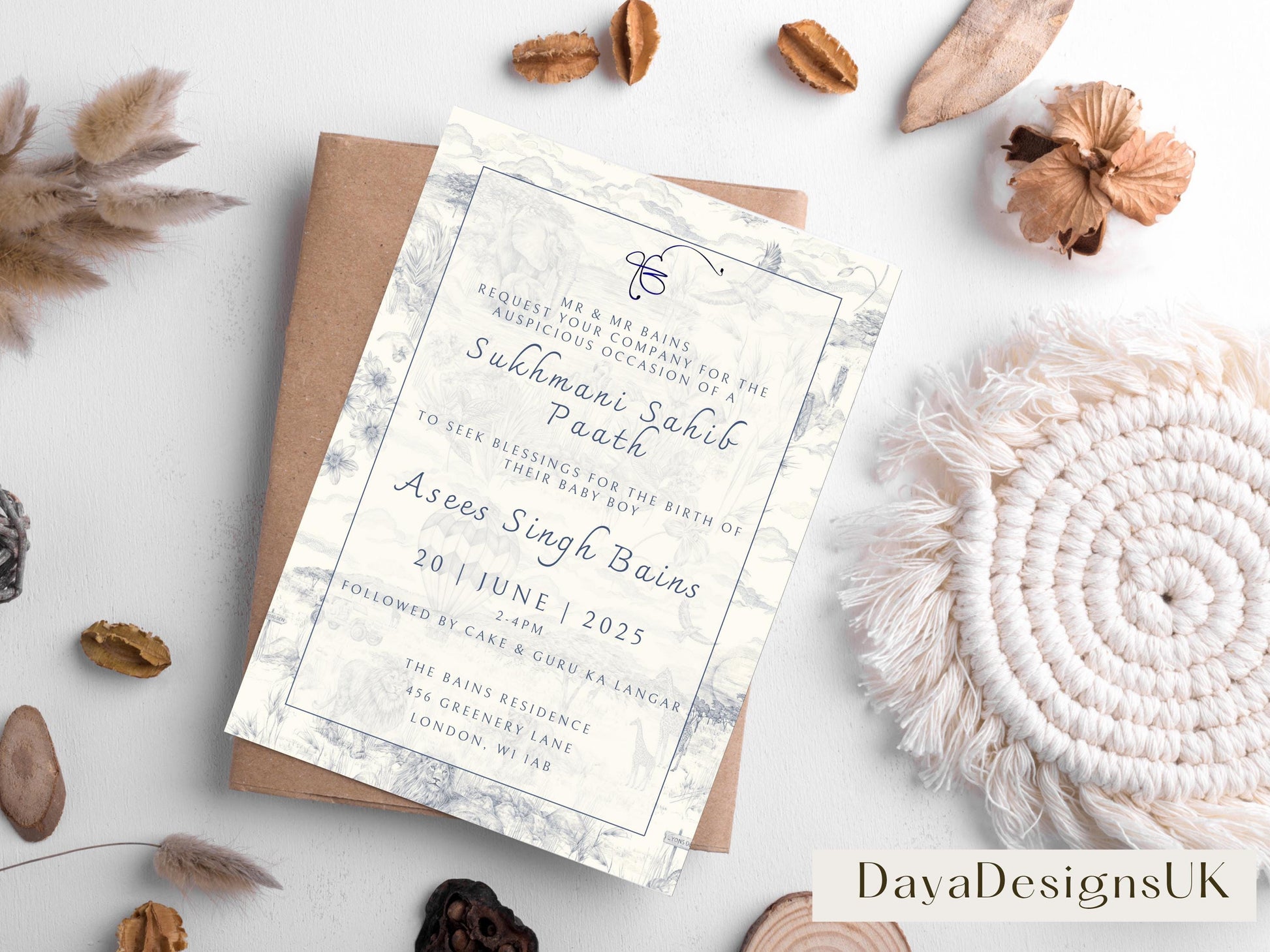 Digital Sukhmani Sahib Path Invitation, Birth of Son, Modern Blue Cloud Balloon Animal Theme, Canva Editable, Sikh, Boy's 1st Birthday