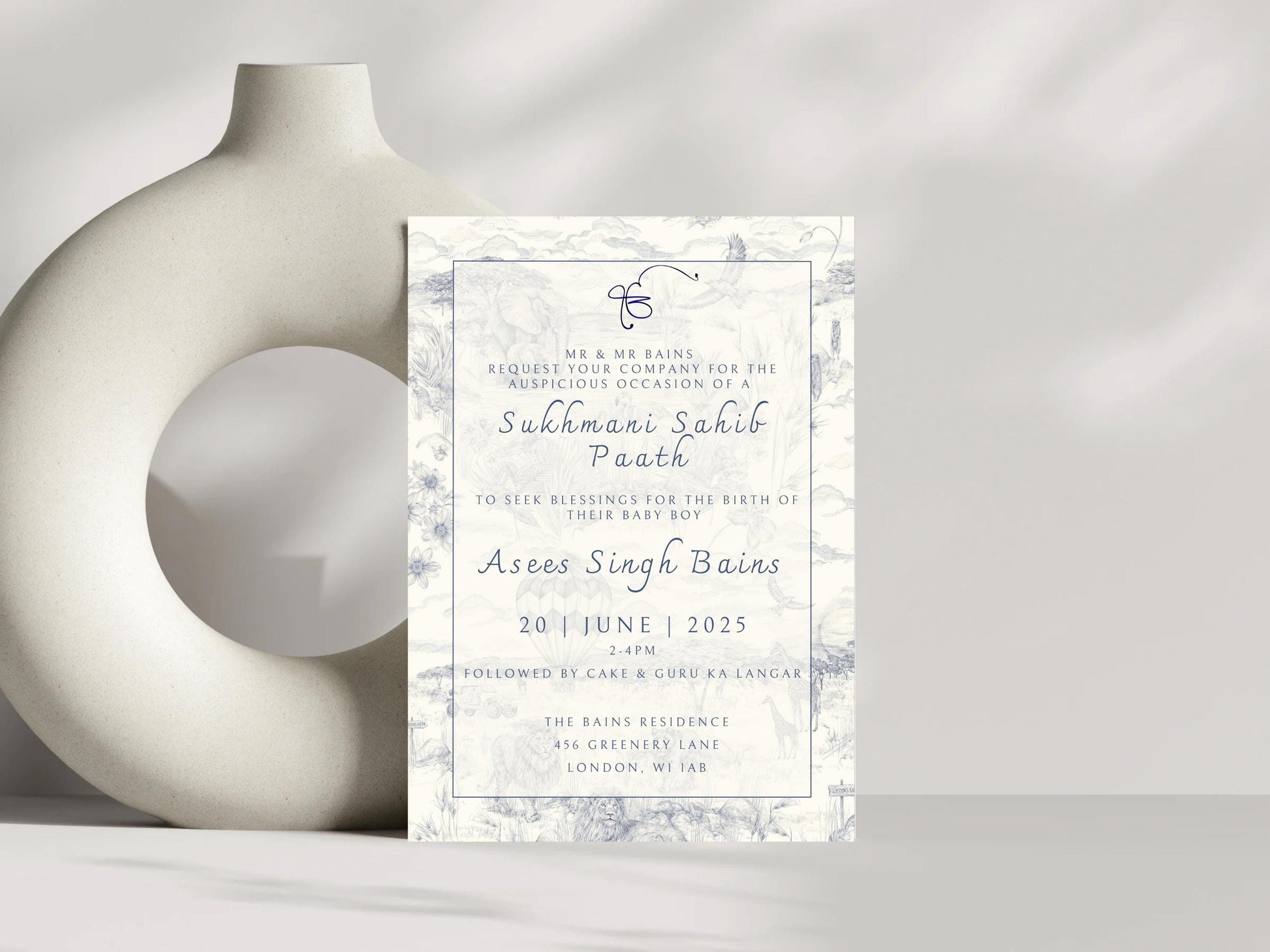 Digital Sukhmani Sahib Path Invitation, Birth of Son, Modern Blue Cloud Balloon Animal Theme, Canva Editable, Sikh, Boy's 1st Birthday