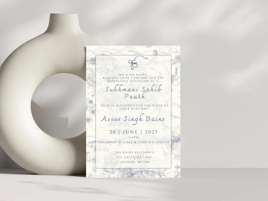 Digital Sukhmani Sahib Path Invitation, Birth of Son, Modern Blue Cloud Balloon Animal Theme, Canva Editable, Sikh, Boy's 1st Birthday