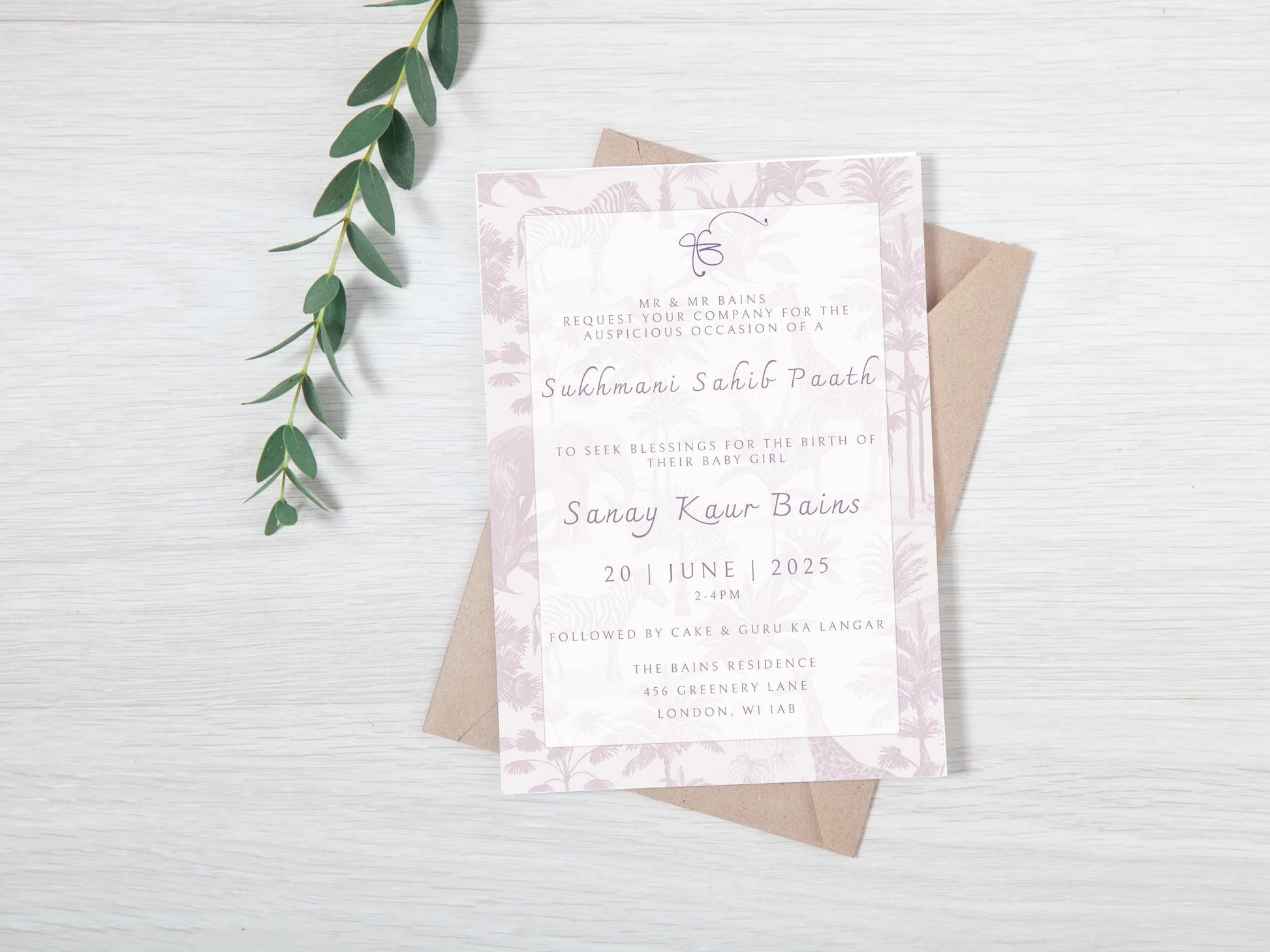 Digital Sukhmani Sahib Path Invitation, Birth of Daughter, Modern Safari Animal Theme, Canva Editable, Sikh, Girls 1st Birthday