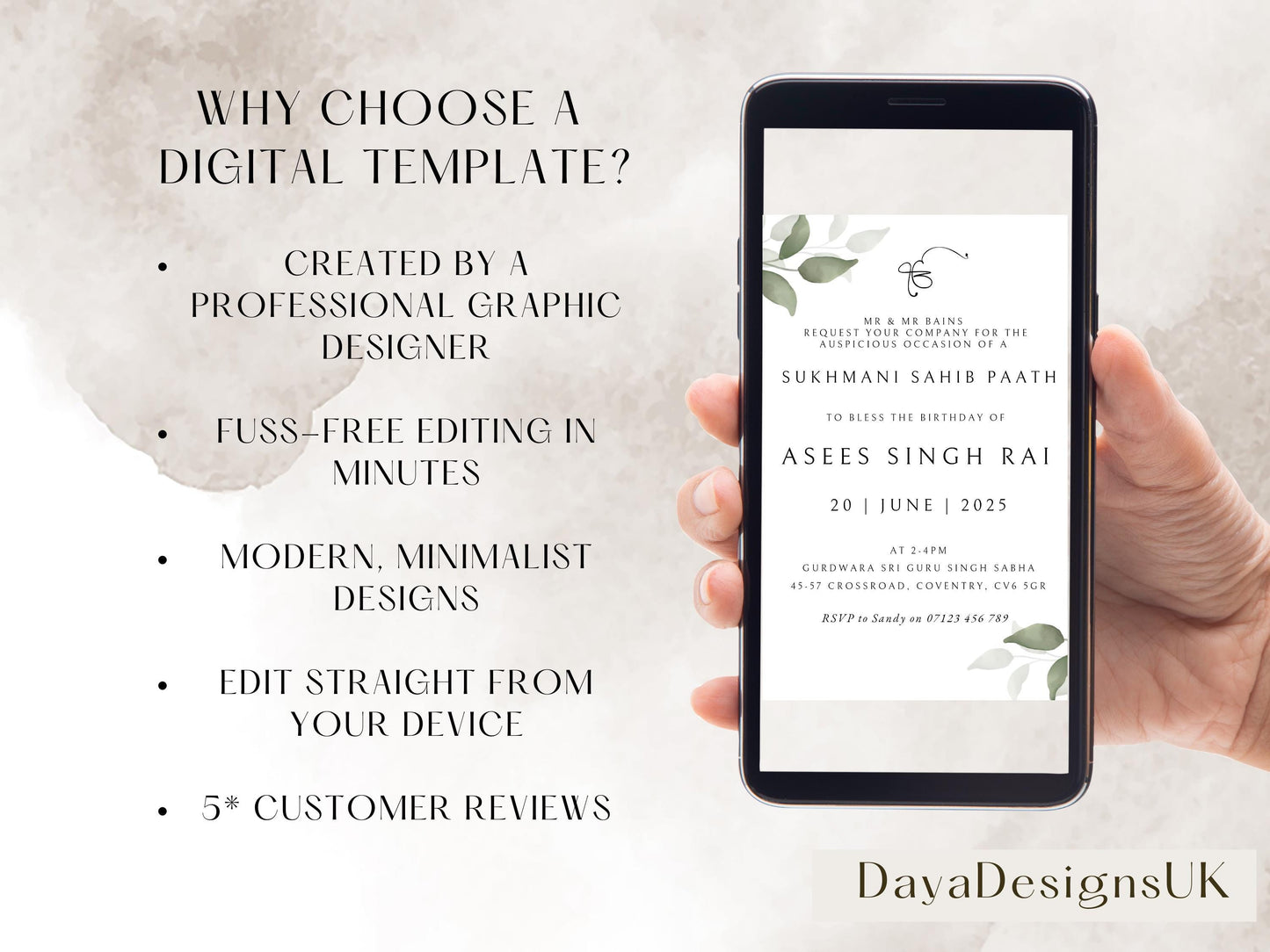 Digital Sukhmani Sahib Paath Invitation, Birthday, Modern, Minimalist Eucalyptus Theme, Canva Editable, Sikh Blessing, 30th Birthday Invite