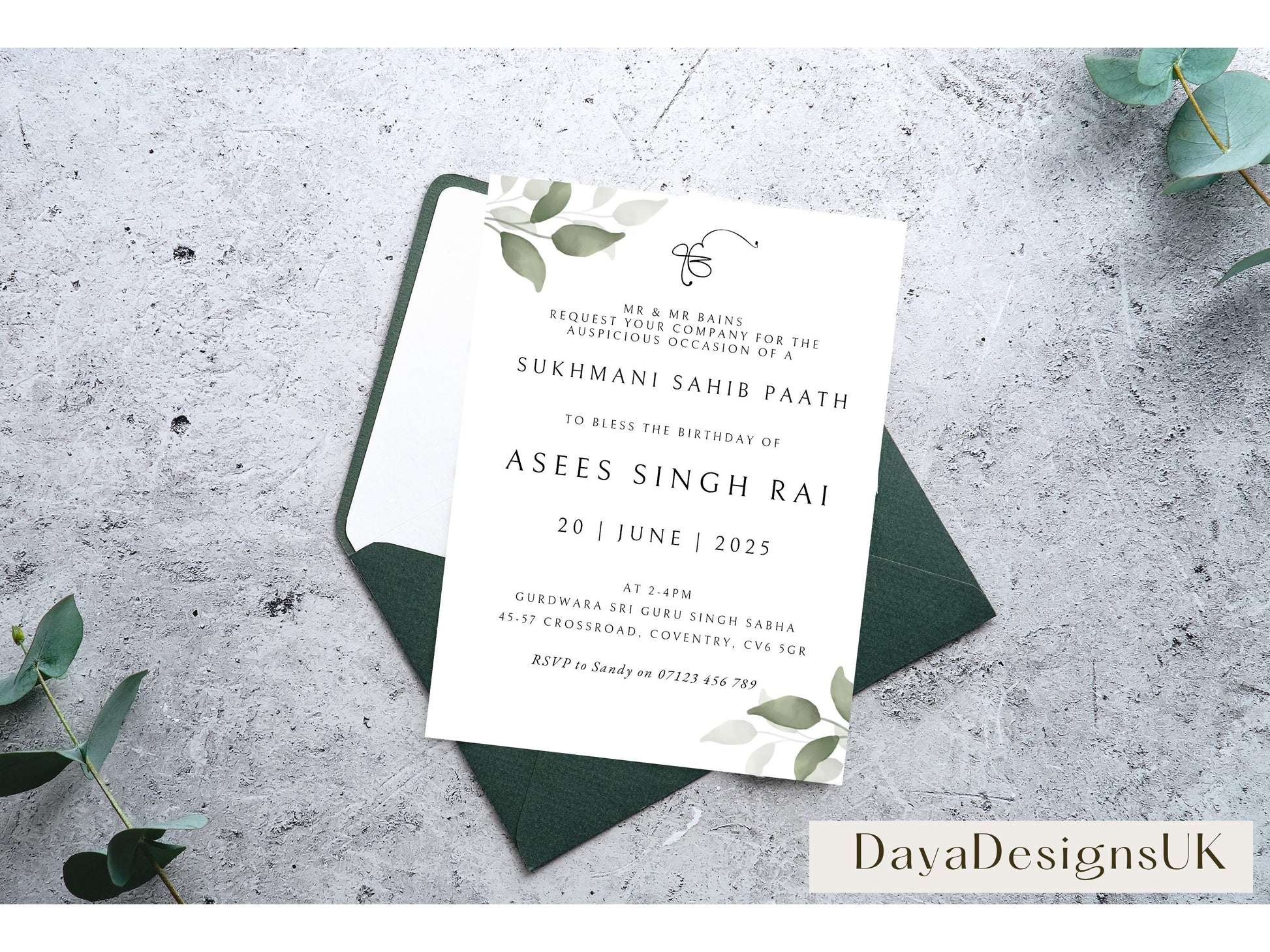 Digital Sukhmani Sahib Paath Invitation, Birthday, Modern, Minimalist Eucalyptus Theme, Canva Editable, Sikh Blessing, 30th Birthday Invite