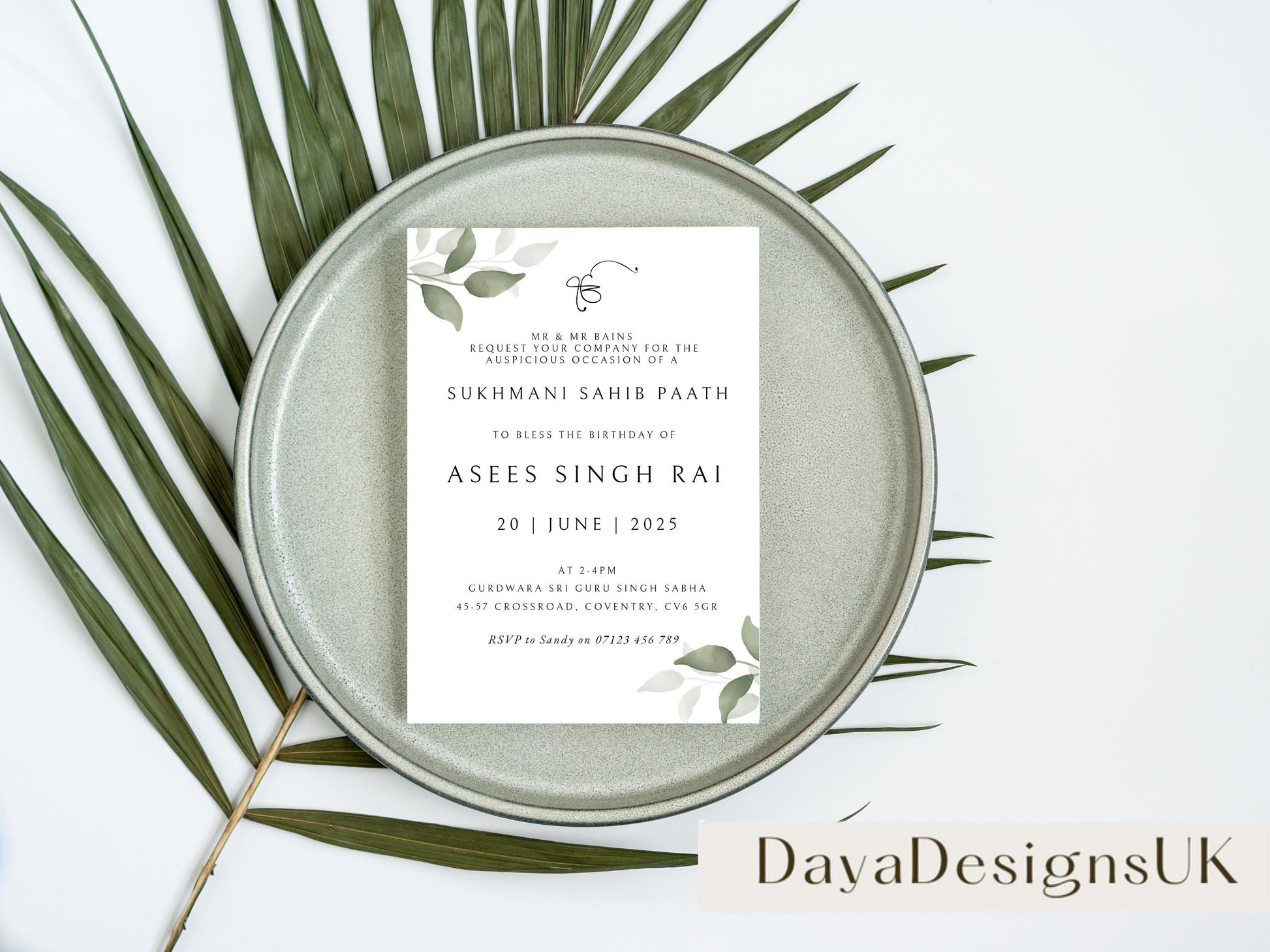 Digital Sukhmani Sahib Paath Invitation, Birthday, Modern, Minimalist Eucalyptus Theme, Canva Editable, Sikh Blessing, 30th Birthday Invite