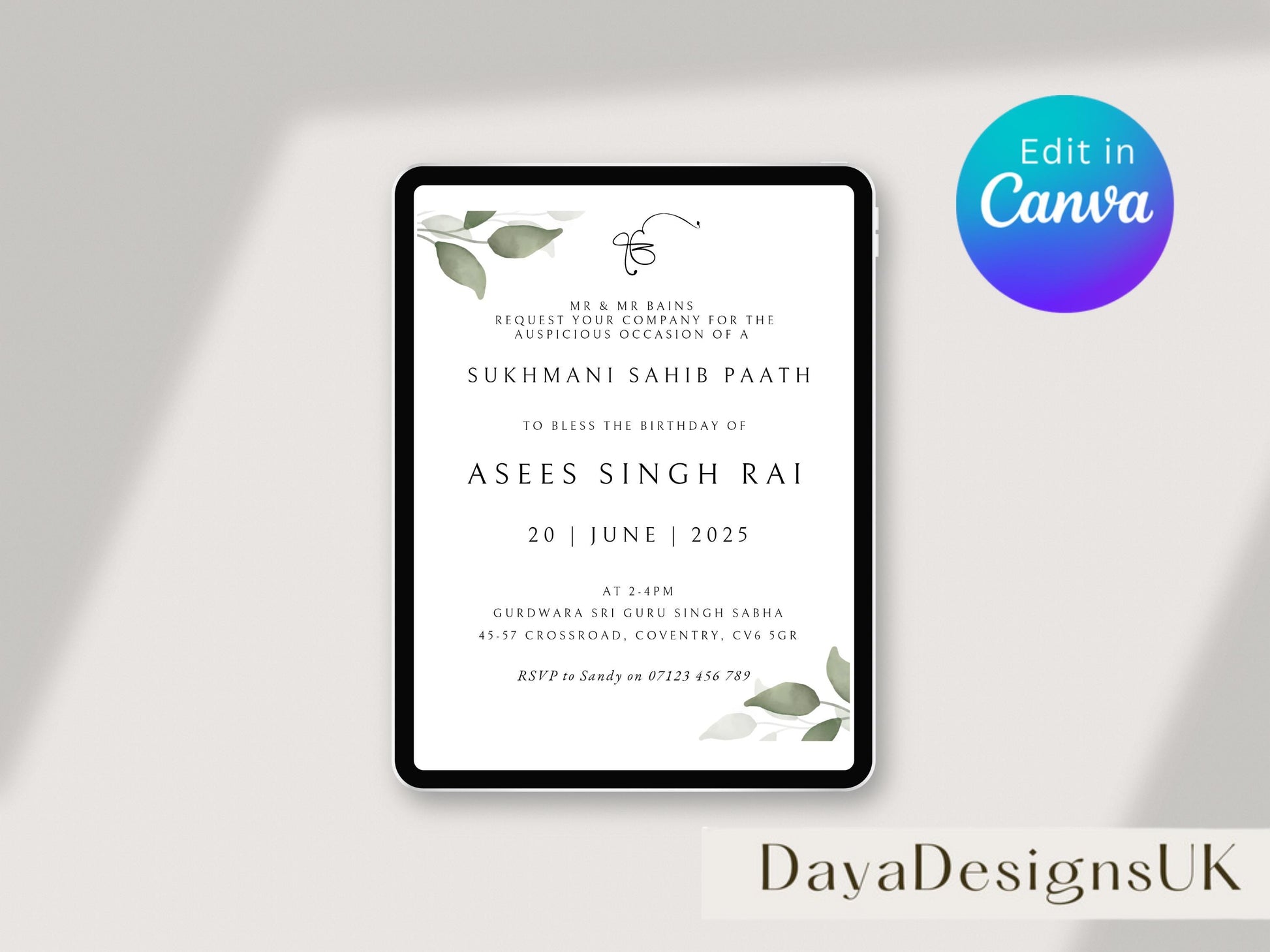 Digital Sukhmani Sahib Paath Invitation, Birthday, Modern, Minimalist Eucalyptus Theme, Canva Editable, Sikh Blessing, 30th Birthday Invite