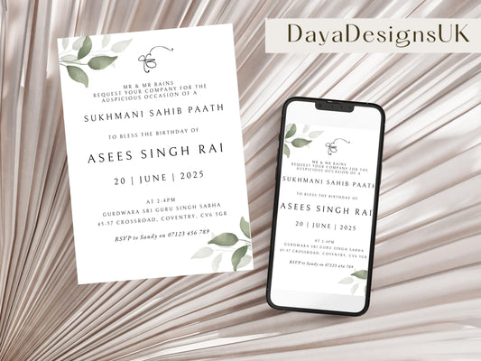 Eucalyptus themed birthday son invitation Editable Canva template for sukhmani sahib paath. Colours are watercolours with touch of greenery. Perfect elegant design to bless your loved one