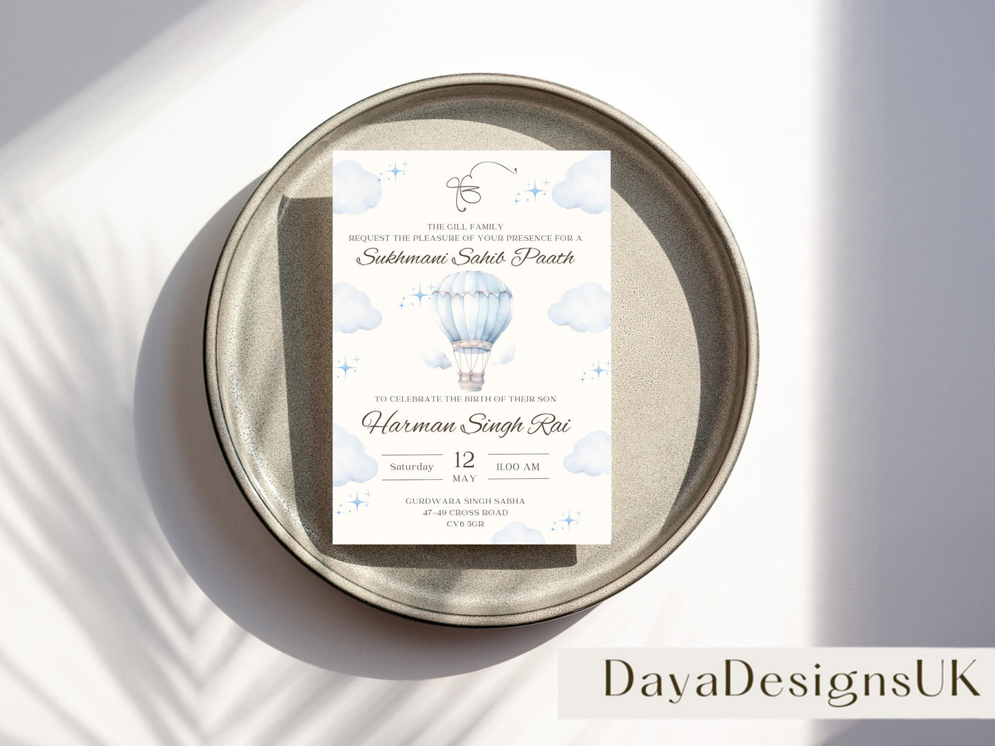 Sukhmani Sahib Path Invitation, Birth of Son, Modern Blue Cloud Balloon Teddy Theme, Canva Editable, Sikh, Boy's 1st Birthday