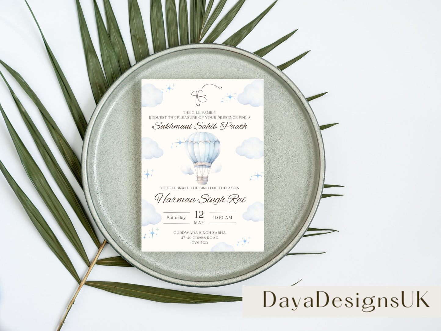 Sukhmani Sahib Path Invitation, Birth of Son, Modern Blue Cloud Balloon Teddy Theme, Canva Editable, Sikh, Boy's 1st Birthday