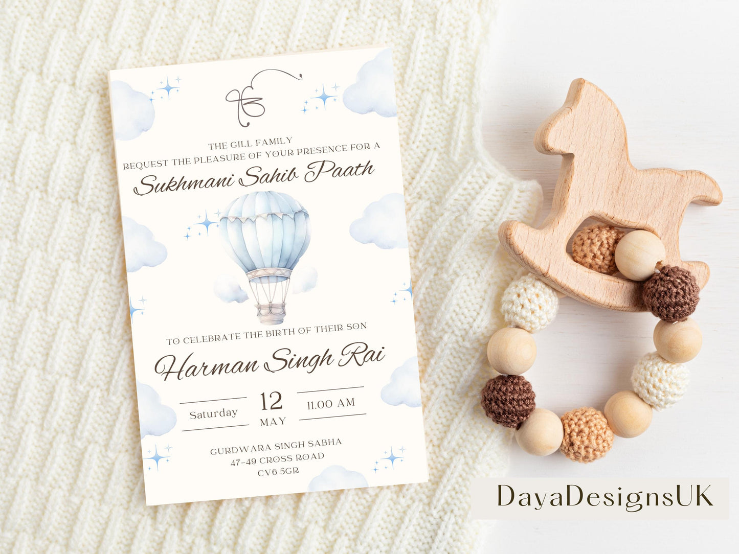 Sukhmani Sahib Path Invitation, Birth of Son, Modern Blue Cloud Balloon Teddy Theme, Canva Editable, Sikh, Boy's 1st Birthday