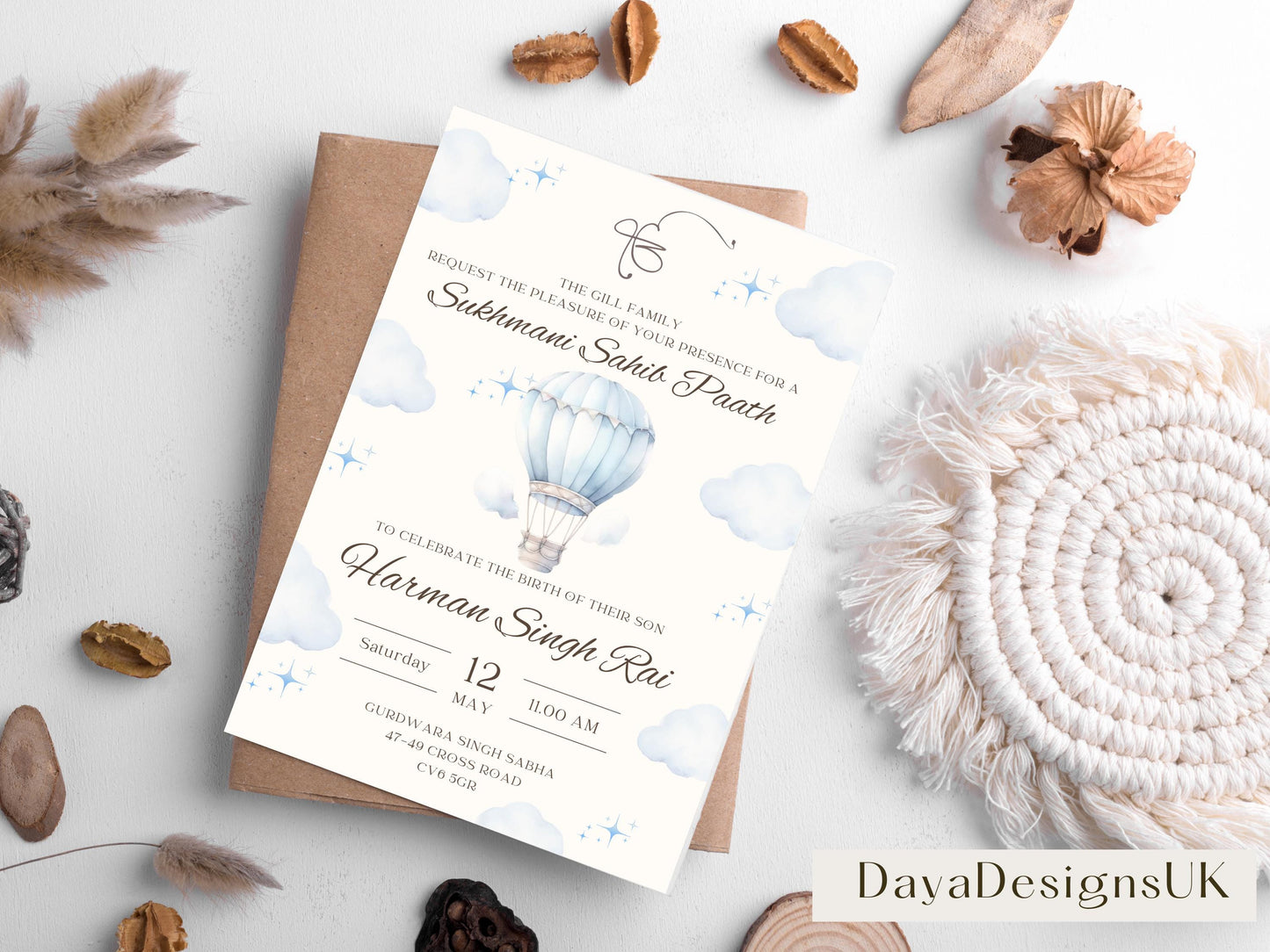 Sukhmani Sahib Path Invitation, Birth of Son, Modern Blue Cloud Balloon Teddy Theme, Canva Editable, Sikh, Boy's 1st Birthday
