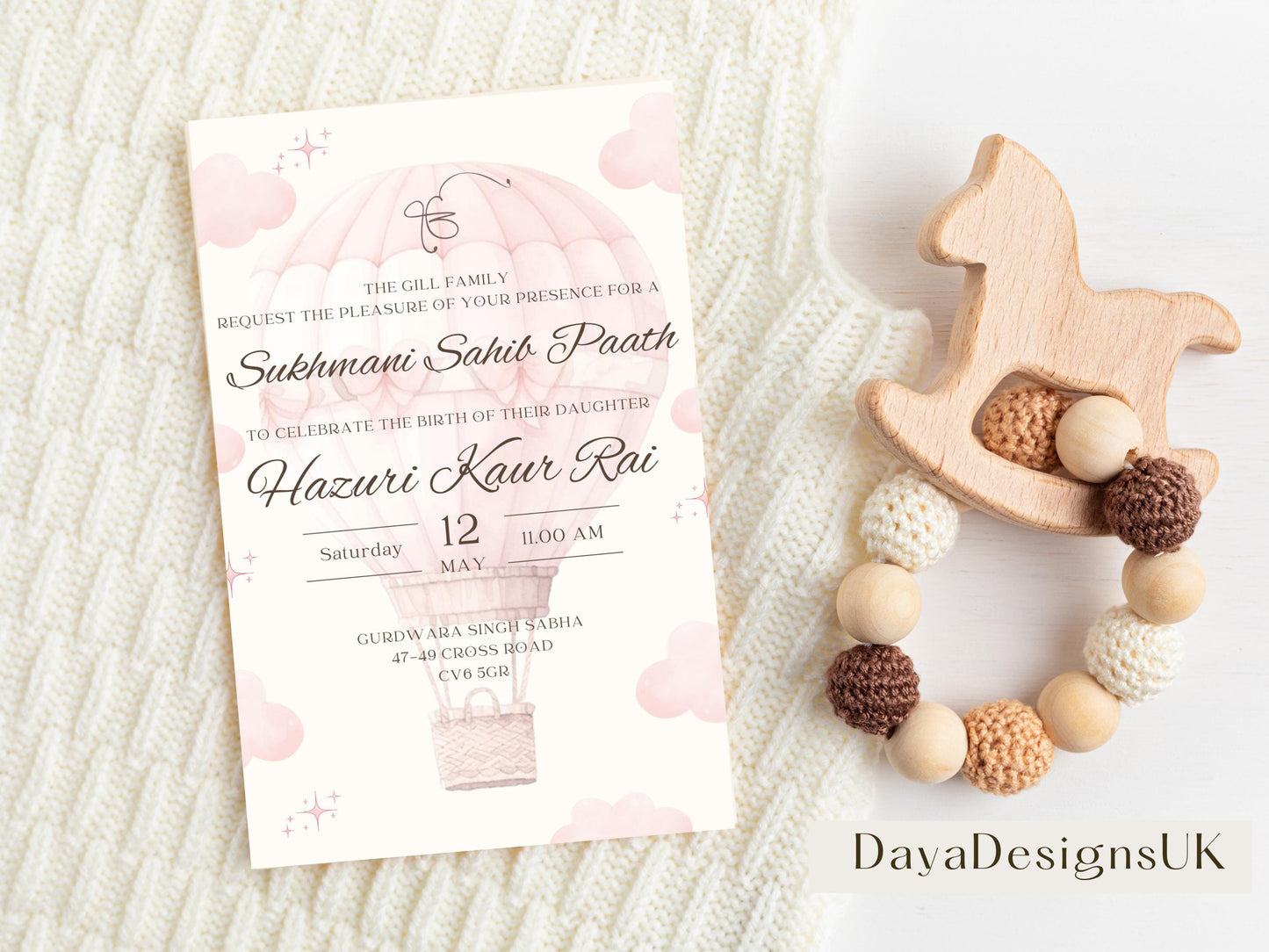 Digital Sukhmani Sahib Paath Invitation, Daughter's 1st Birthday, Modern Minimalist Pink Hot Air Balloon, Editable Template, Sikh Programme