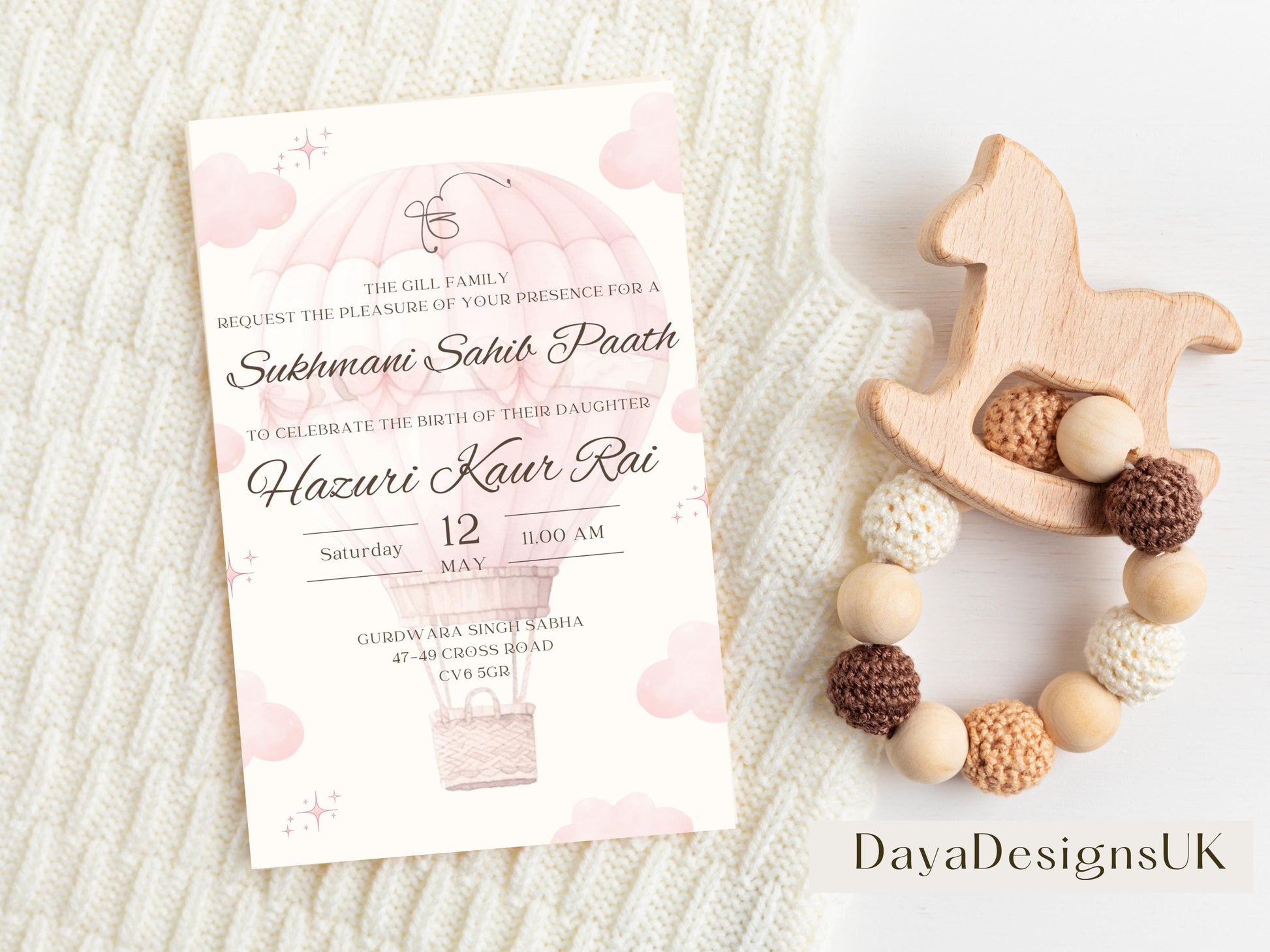 Digital Sukhmani Sahib Paath Invitation, Daughter's 1st Birthday, Modern Minimalist Pink Hot Air Balloon, Editable Template, Sikh Programme