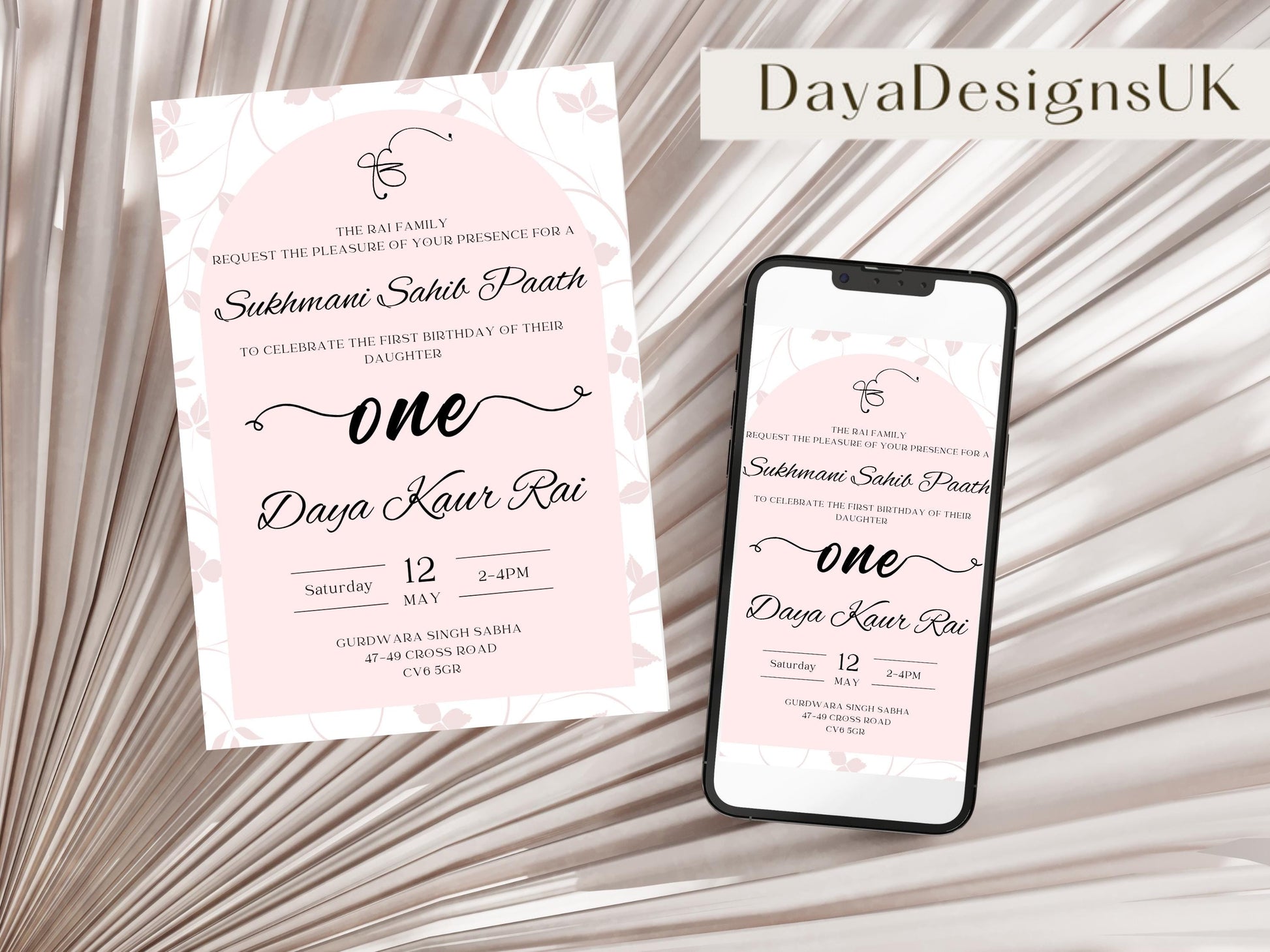 Sukhmani Sahib Path Digital Invitation, Daughter's 1st Birthday, Modern Minimalist Pink Floral Theme, Editable Template, Sikh Programme