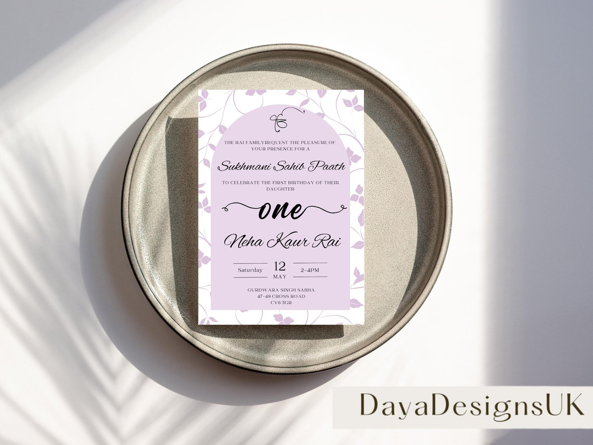 Sukhmani Sahib Path Digital Invitation, Daughter's 1st Birthday, Modern Minimalist Lilac Floral Theme, Editable Template, Sikh Programme