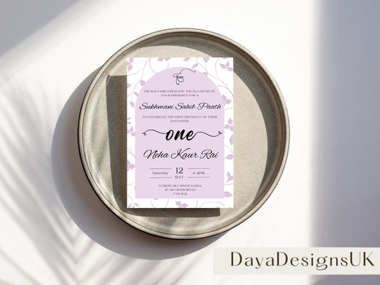 Sukhmani Sahib Path Digital Invitation, Daughter's 1st Birthday, Modern Minimalist Lilac Floral Theme, Editable Template, Sikh Programme